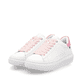 Weiße Rieker Damen Sneaker Low W1201-82 mit einer Schnürung. Schuhpaar seitlich schräg.