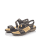 Schwarze Rieker Damen Riemchensandalen 659C7-00 aus Glattleder. Schuhpaar seitlich schräg.