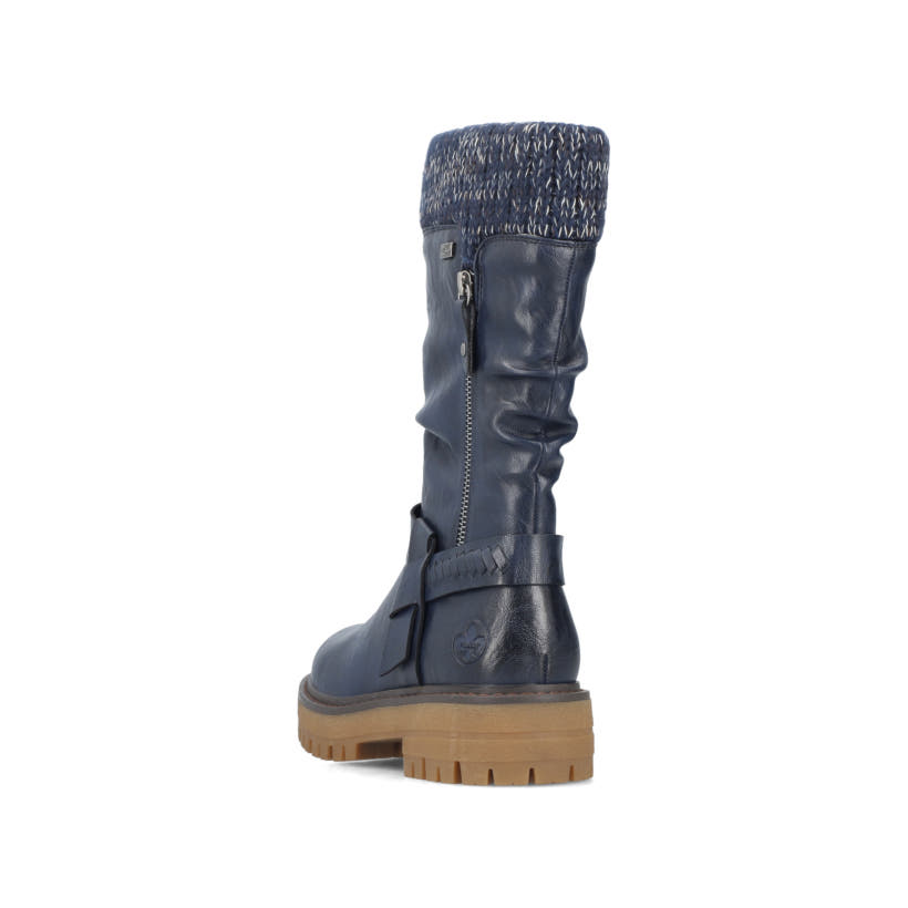 Dunkelblaue Rieker Damen Hochschaftstiefel 92984-14 mit modischer Faltenoptik. Schuh von hinten.
