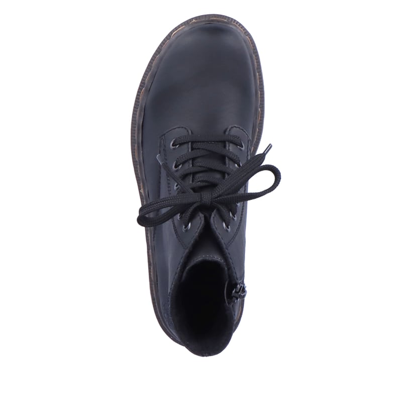 Tiefschwarze Rieker Damen Schnürstiefel 78240-00 mit Schnürung und Reißverschluss. Schuh Laufsohle