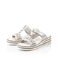 Graue Rieker Damen Pantoletten V02M6-40 mit einem Klettverschluss. Schuhpaar seitlich schräg.
