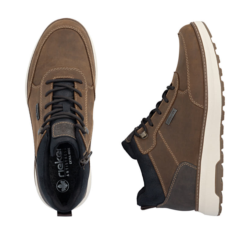 Dunkelbraun-schwarze Rieker Herren Sneaker High B5501-22 aus Rauleder. Schuh von oben, liegend.