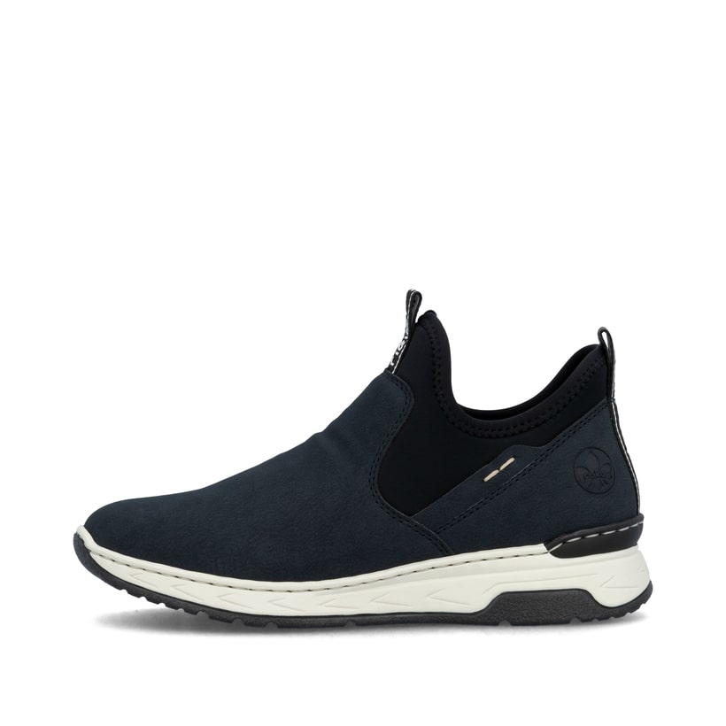 
Marineblaue Rieker Damen Slipper M0053-14 mit einer schockabsorbierenden Sohle. Schuh Außenseite