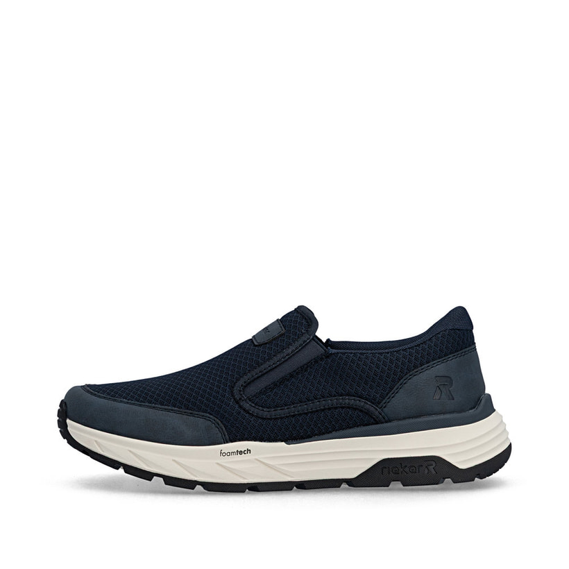Blaue Rieker Herren Slipper 06152-14 mit einem Gummizug sowie dem Gel-Fußbett. Schuh Außenseite.
