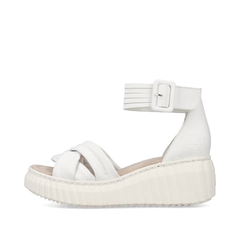 Reinweiße Rieker Keilsandaletten 64159-80 mit einem Klettverschluss. Schuh Außenseite.