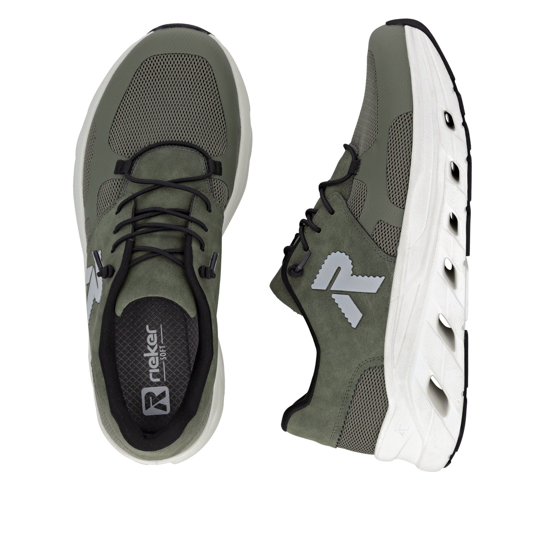 Grüne Rieker Herren Sneaker Low U3500-54 mit Schnürung sowie ultraleichter Sohle. Schuh von oben, liegend.