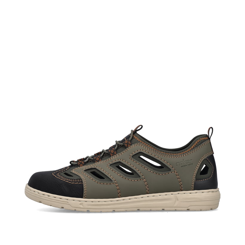 Grüne Rieker Herren Slipper 08665-54 mit Gummischnürung sowie Ziernähten. Schuh Außenseite.