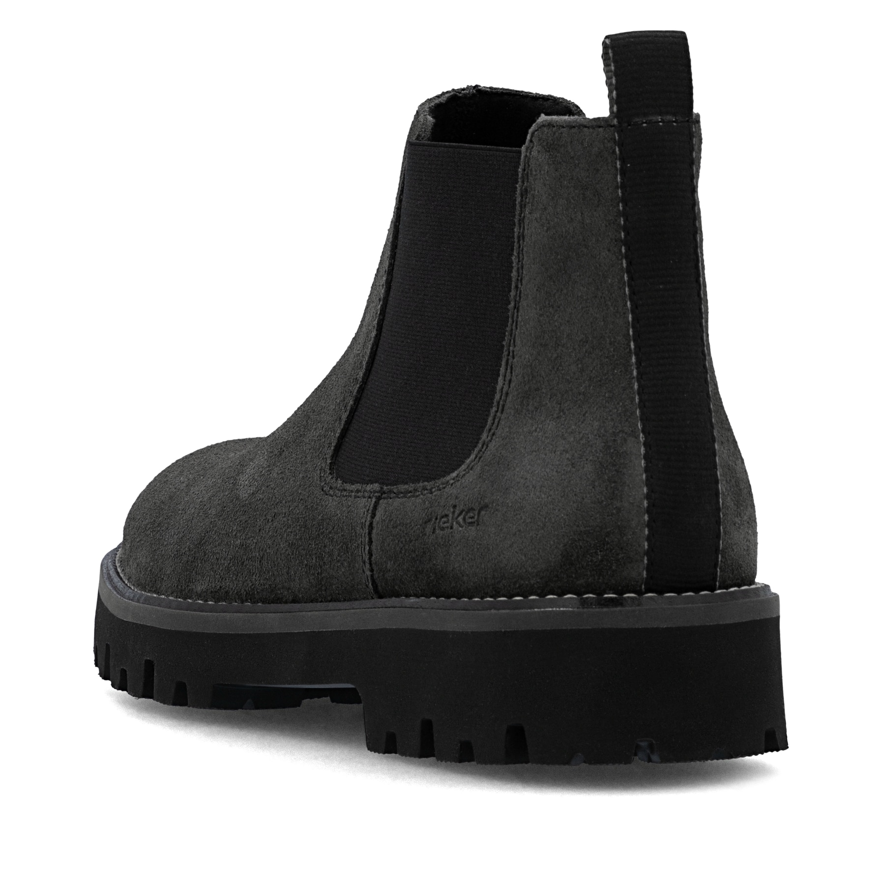Graue Rieker Herren Chelsea Boots 30453-45 aus Rauleder mit einem Reißverschluss. Schuh von hinten.