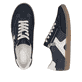 Dunkelblau-weiße Rieker Damen Sneaker Low L9700-14 mit einem Reißverschluss. Schuh von oben, liegend.