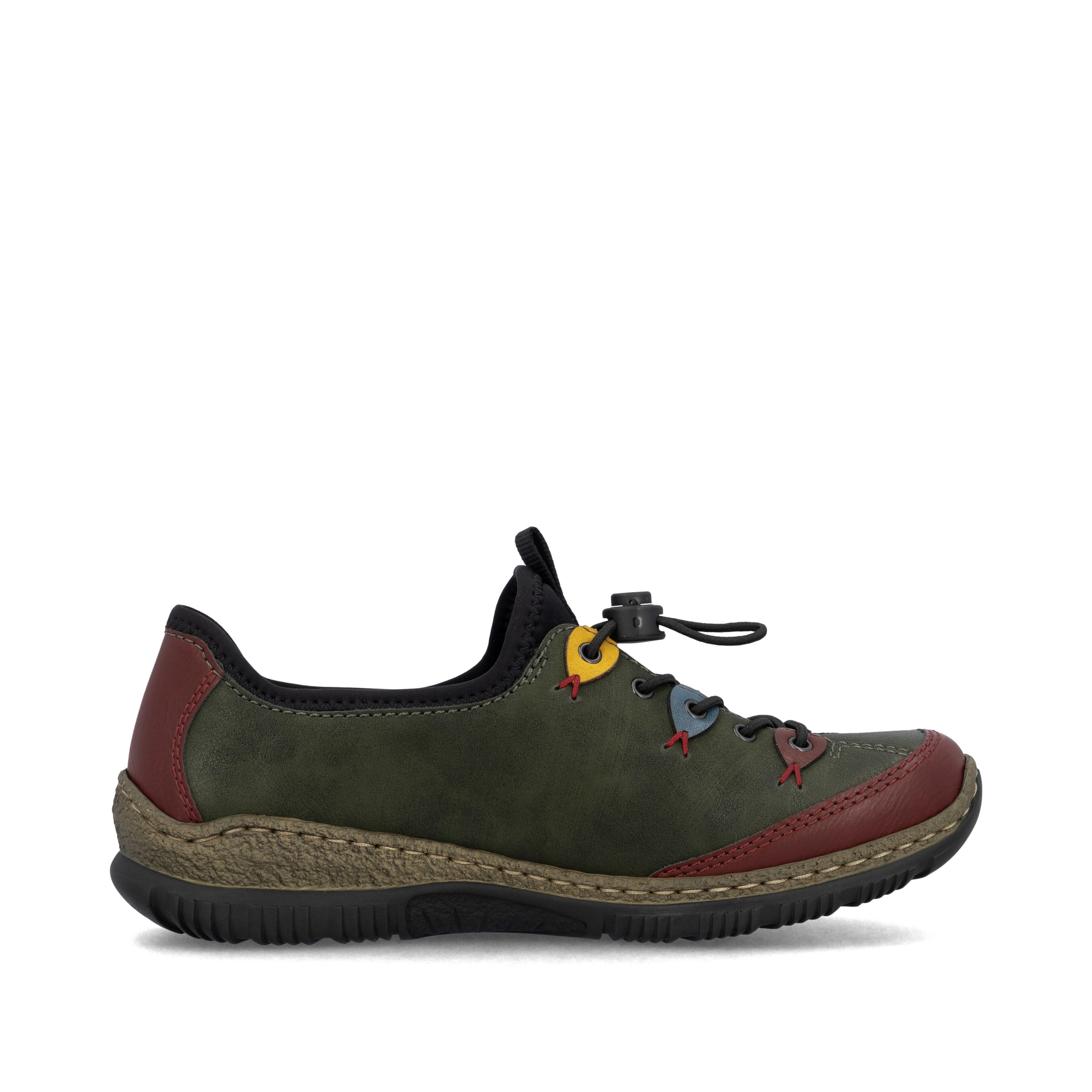 Dunkelgrüne Rieker Damen Slipper N3271-54 mit farbenfrohen Details. Schuh Innenseite.