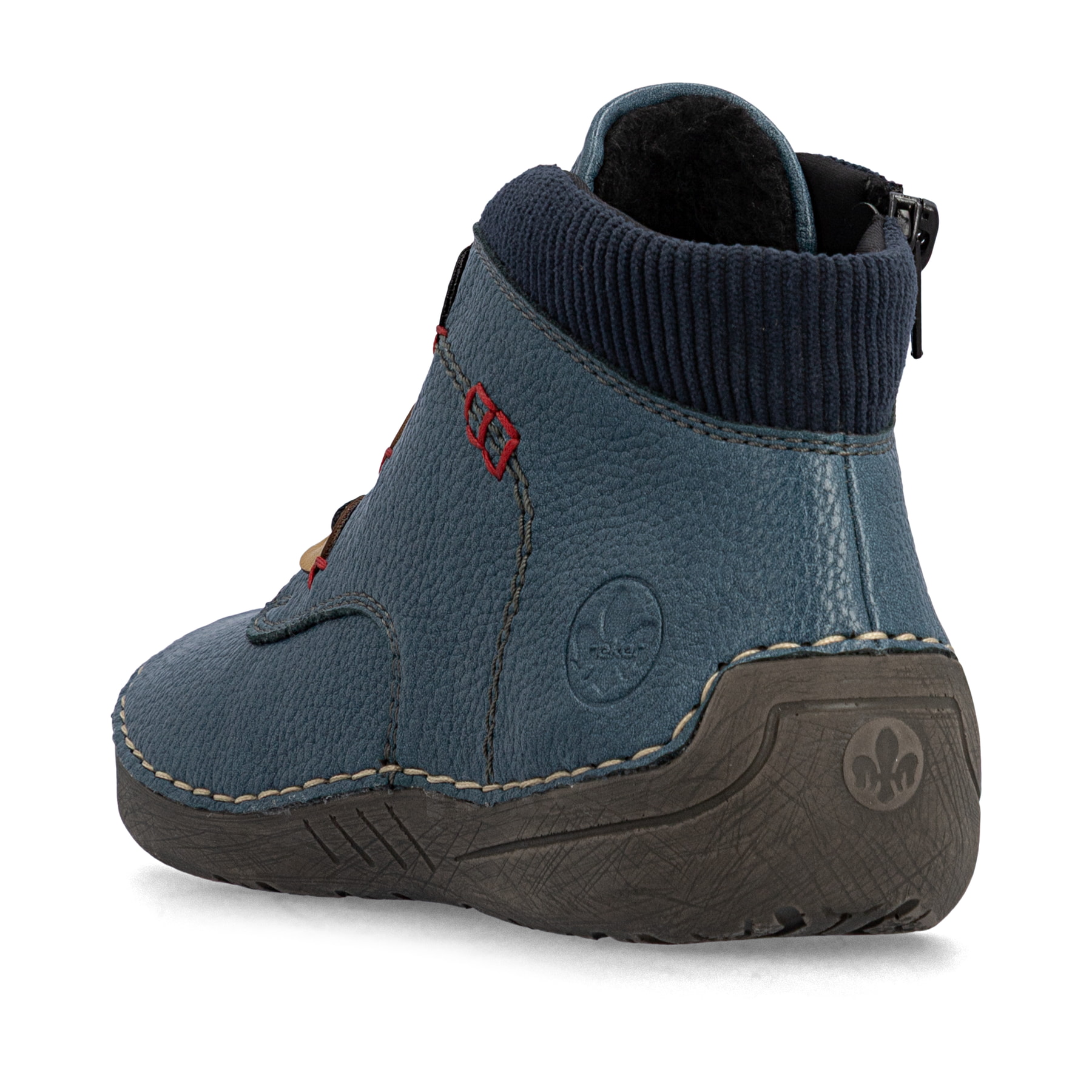 Dunkelblaue Rieker Damen Kurzstiefel 52544-14 mit farbenfrohen Details. Schuh von hinten.