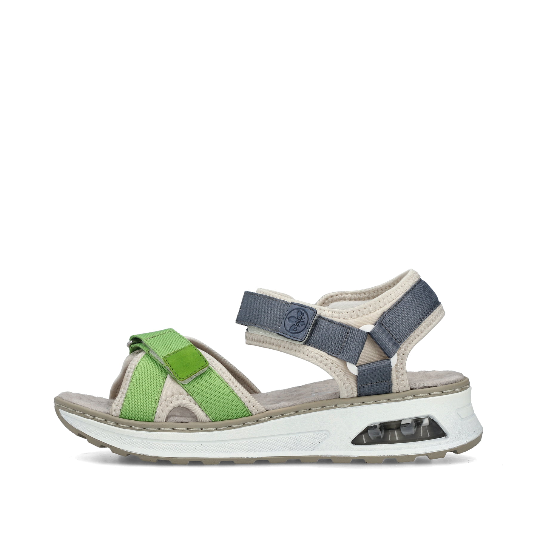 Mehrfarbige Rieker Damen Trekkingsandalen 65660-90 mit Rieker Air Sohlenfenster. Schuh Außenseite.