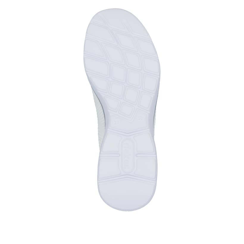 Weiße Rieker Damen Slipper M5074-80 mit Gummizug sowie einer ultraleichten Sohle. Schuh Laufsohle.