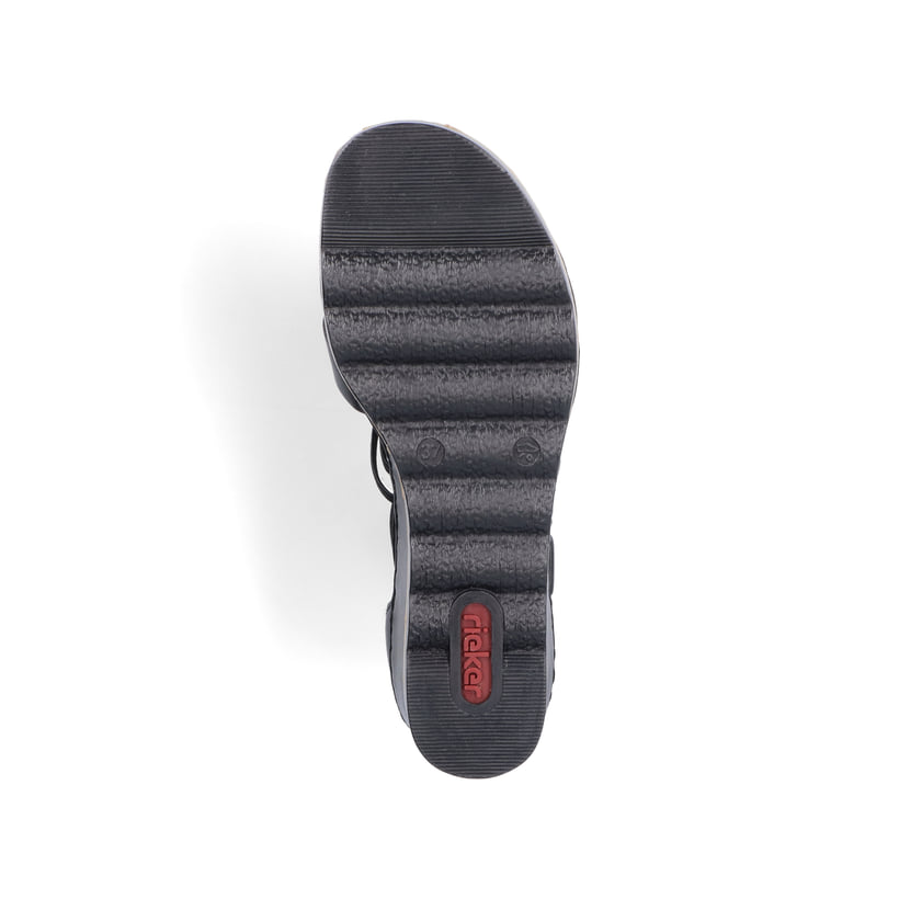 Schwarze Rieker Keilsandaletten 67480-01 mit trendigen Schnalle. Schuh Laufsohle.
