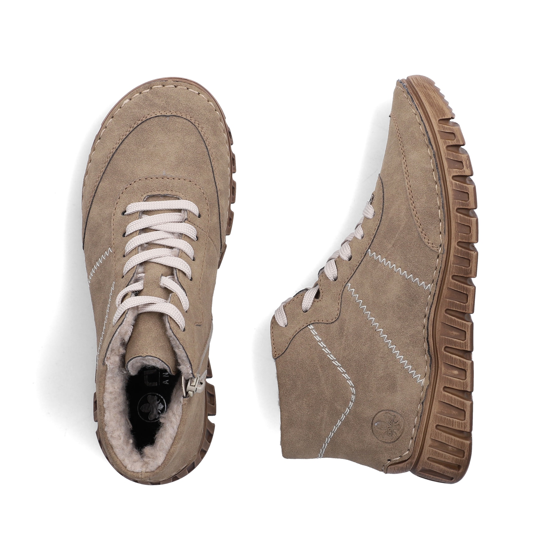 Graue Rieker Damen Schnürstiefel 57520-20 mit modernen Ziernähten. Schuh von oben, liegend.