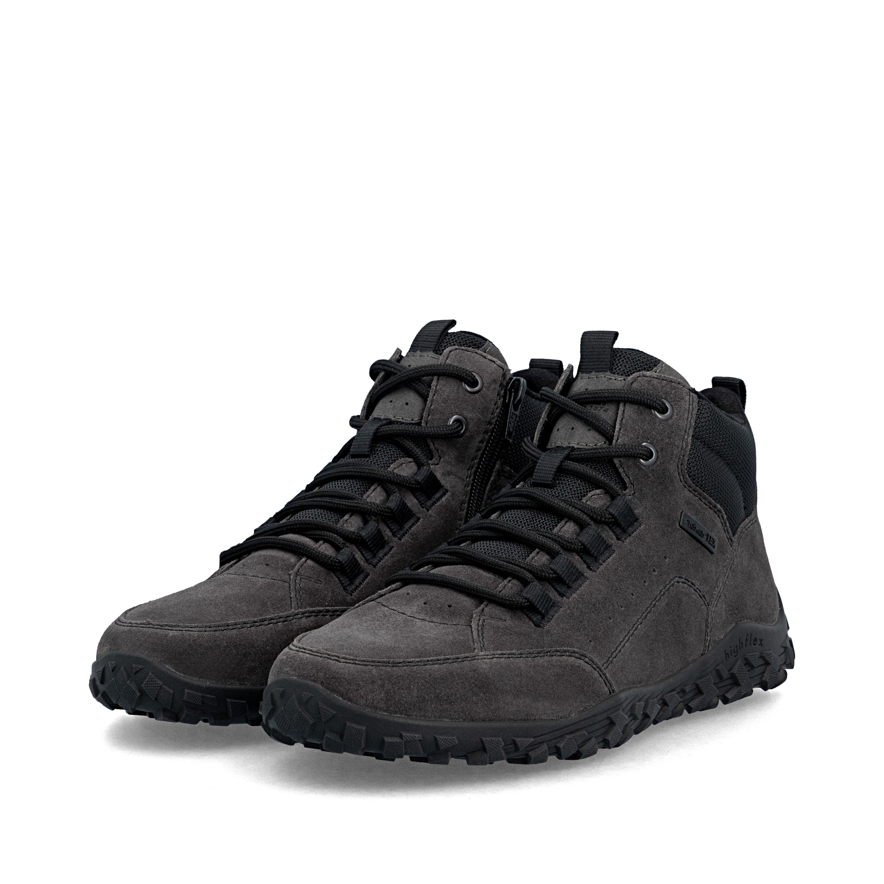 Dunkelgraue Rieker Herren Schnürstiefel 08102-45 aus Rauleder. Schuhpaar seitlich schräg.