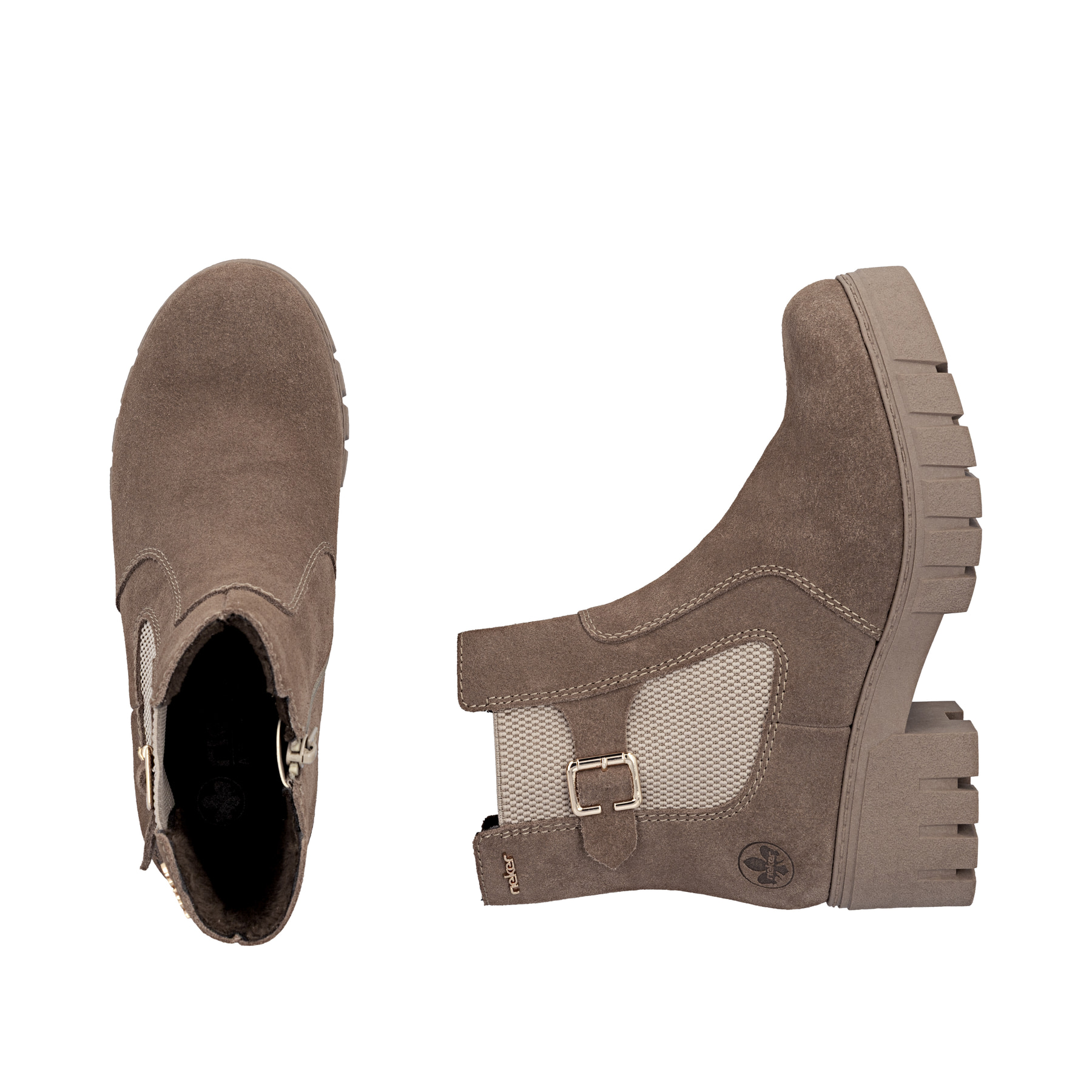 Beige Rieker Damen Chelsea Boots 74560-64 aus Rauleder mit einem Reißverschluss. Schuh von oben, liegend.
