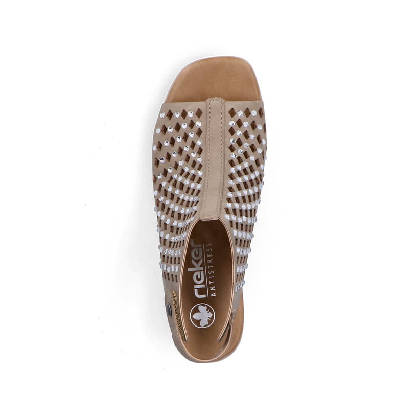 Beige Rieker Damen Sandaletten 64777-64 mit Strasssteinen sowie Klettverschluss. Schuh von oben.