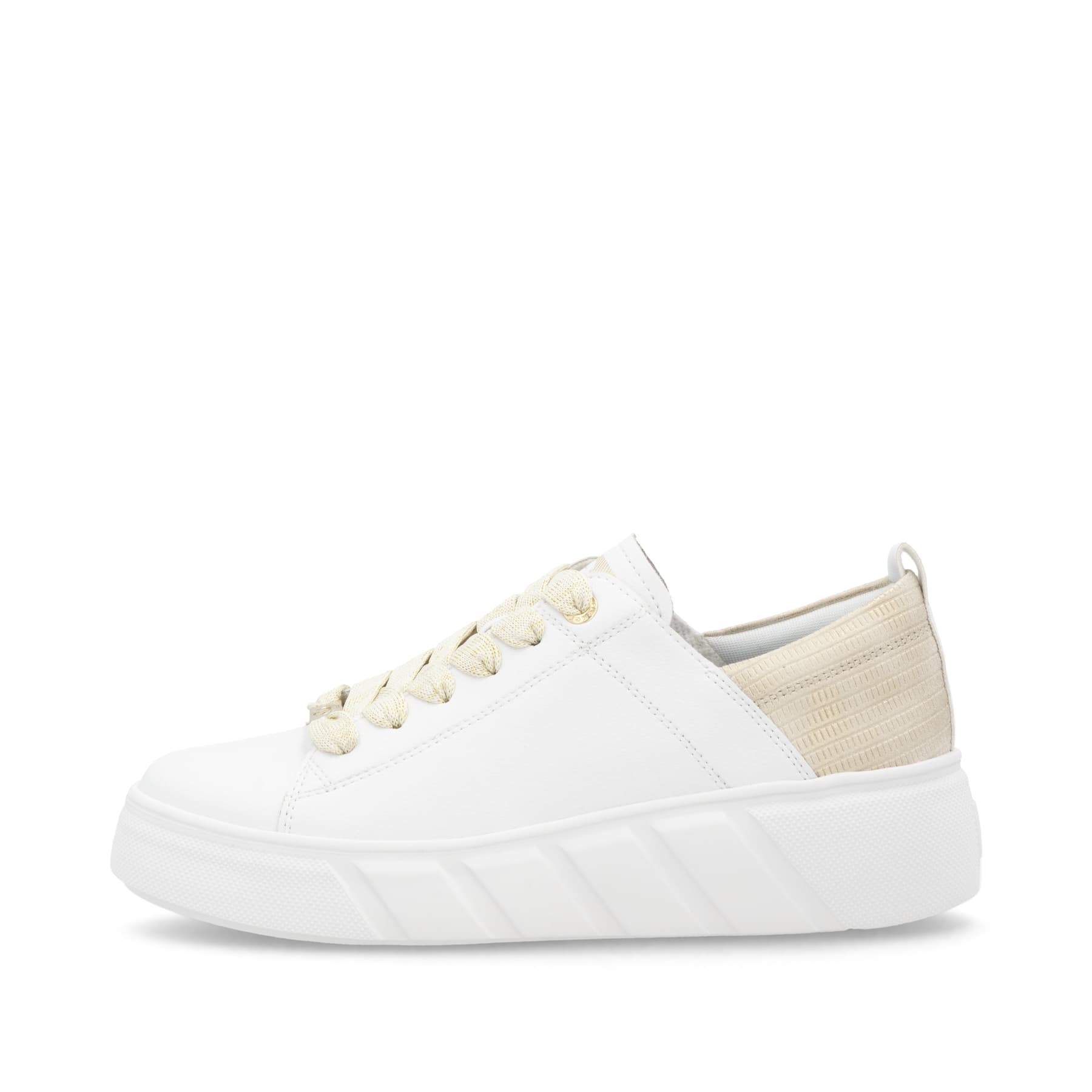 Weiße Rieker Damen Sneaker Low W2602-81 mit einer Schnürung. Schuh Außenseite.