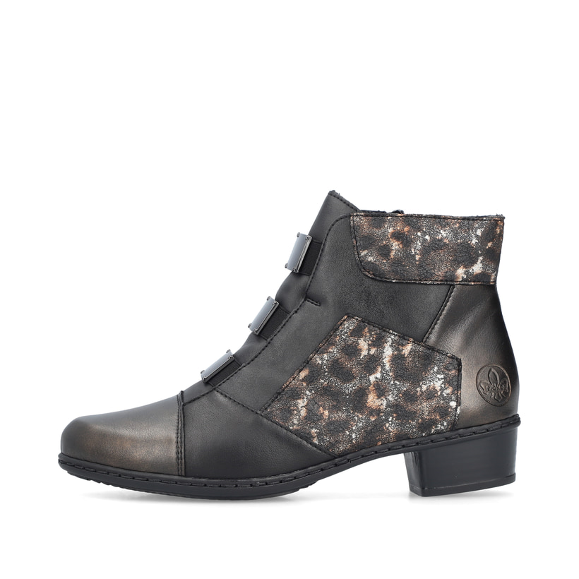 Bottines Rieker noires pour femme Y0764-00 avec imprimé léopard. Côté extérieur de la chaussure.