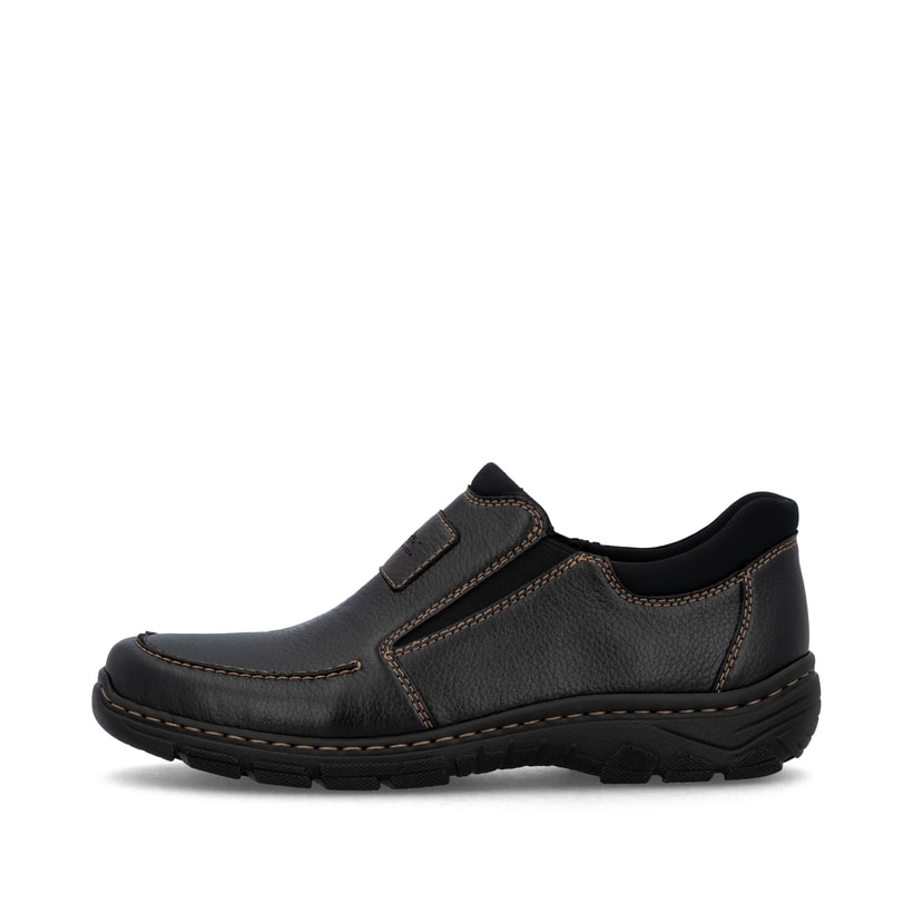 Mocassins Rieker noirs pour hommes 19961-03 avec bande élastique. Côté extérieur de la chaussure.