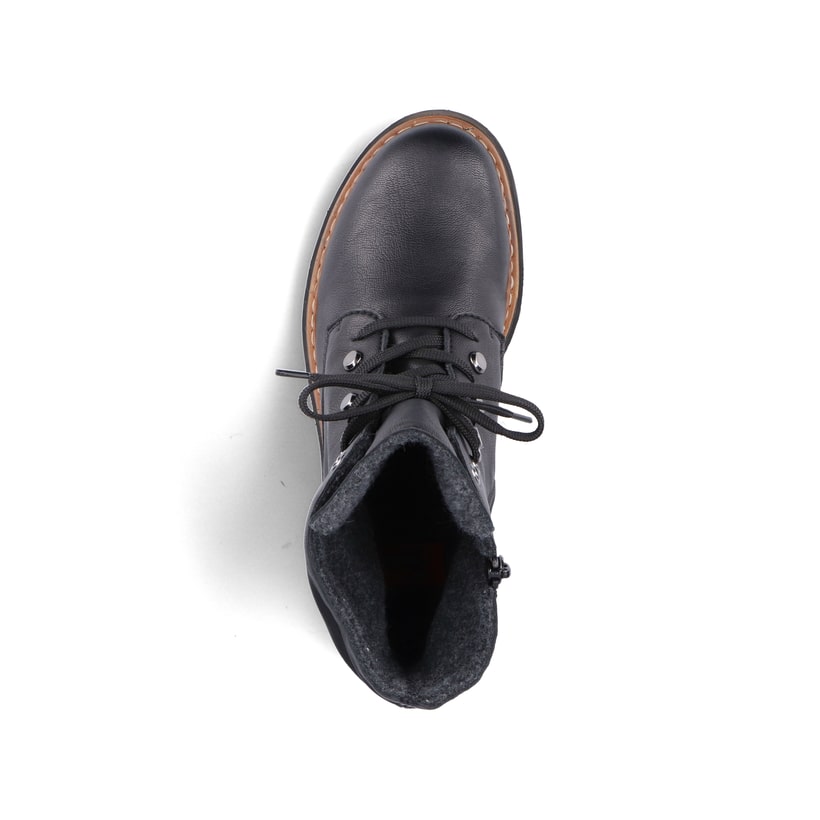 Tiefschwarze Rieker Damen Biker Boots 72621-00 mit Schnürung und Reißverschluss. Schuh von oben