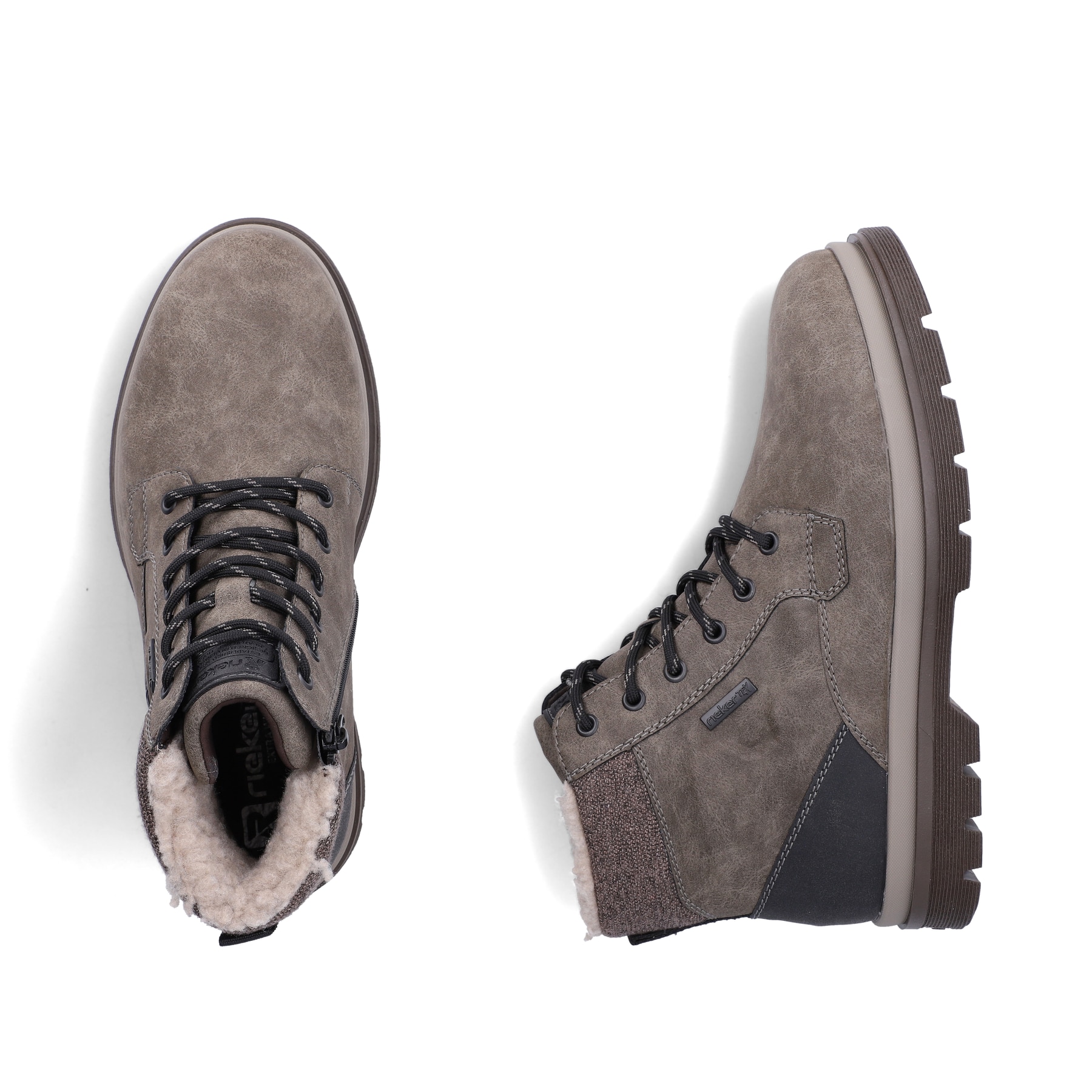 Grau-braune Rieker Herren Schnürstiefel F7010-25 mit modernen Ziernähten. Schuh von oben, liegend.