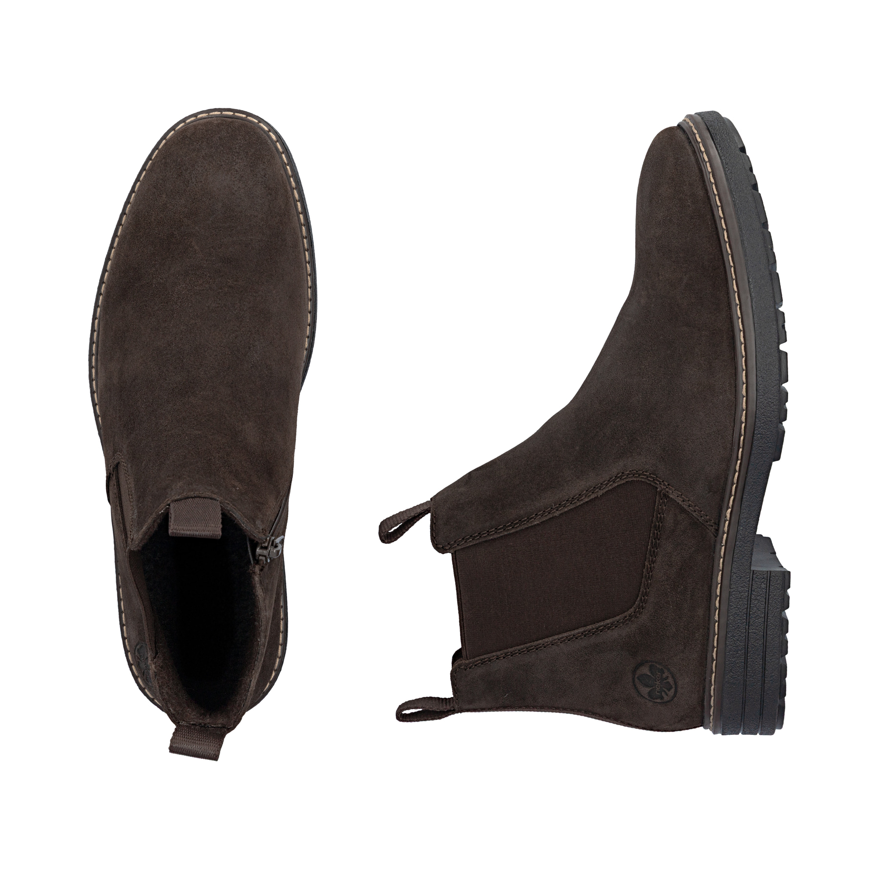 Dunkelbraune Rieker Herren Chelsea Boots 33180-28 aus Rauleder. Schuh von oben, liegend.