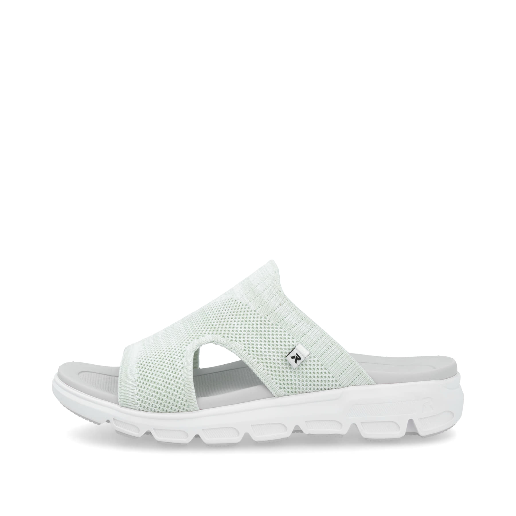 Rosane waschbare Rieker Damen Pantoletten V8451-53 mit einem Gummizug. Schuh Außenseite.