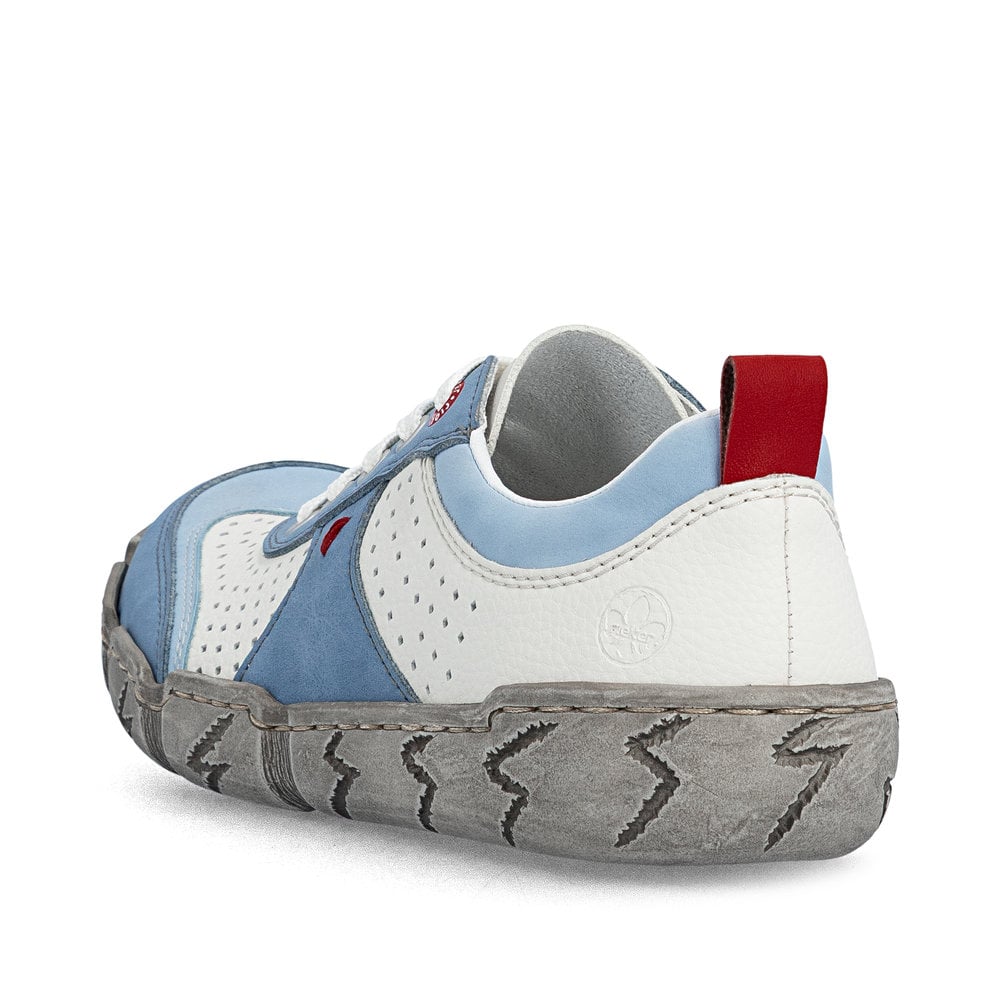 Weißblaue Rieker Damen Schnürschuhe L0307-80 mit eleganten Zierlochungen. Schuh von hinten.