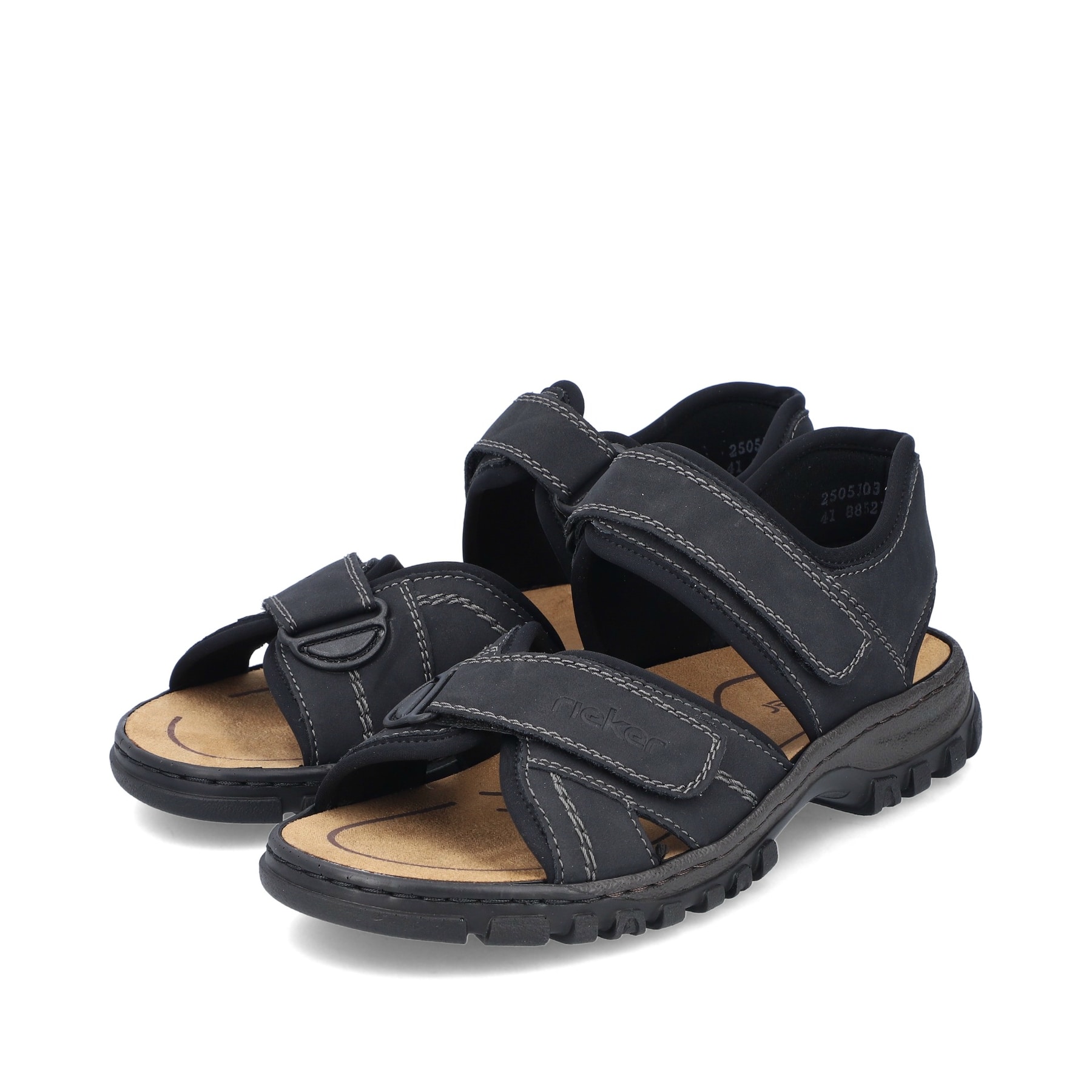 Schwarze Rieker Herren Trekkingsandalen 25051-03 mit einem Klettverschluss. Schuhpaar seitlich schräg.