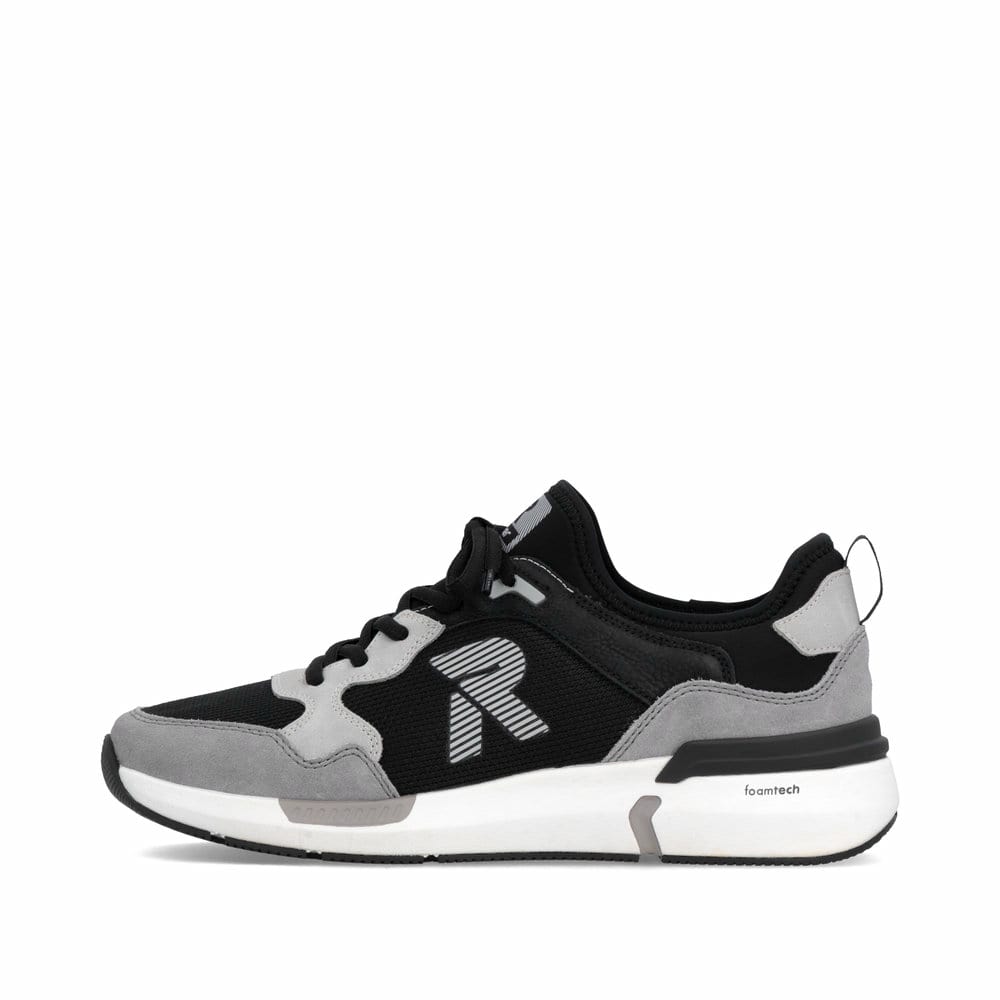 Mocassins Rieker noirs pour homme U1405-00 avec bande élastique. Côté extérieur de la chaussure.