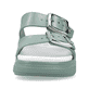 Grüne Rieker Damen Pantoletten P2180-52 mit Schnalle sowie einer flexiblen Sohle. Schuh von vorne.