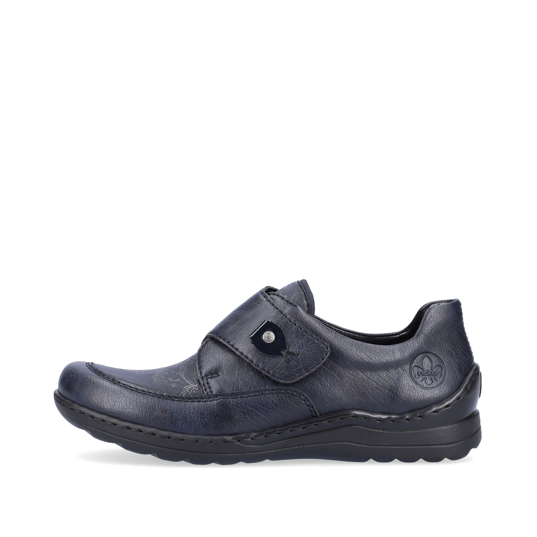 Mocassins Rieker bleus pour femmes 48951-14 avec fermeture velcro. Côté extérieur de la chaussure.