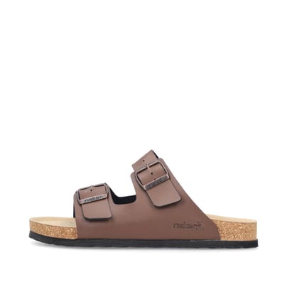Braune Rieker Herren Pantoletten 22190-22 mit Schnallen sowie der Extraweite H. Schuh Außenseite.