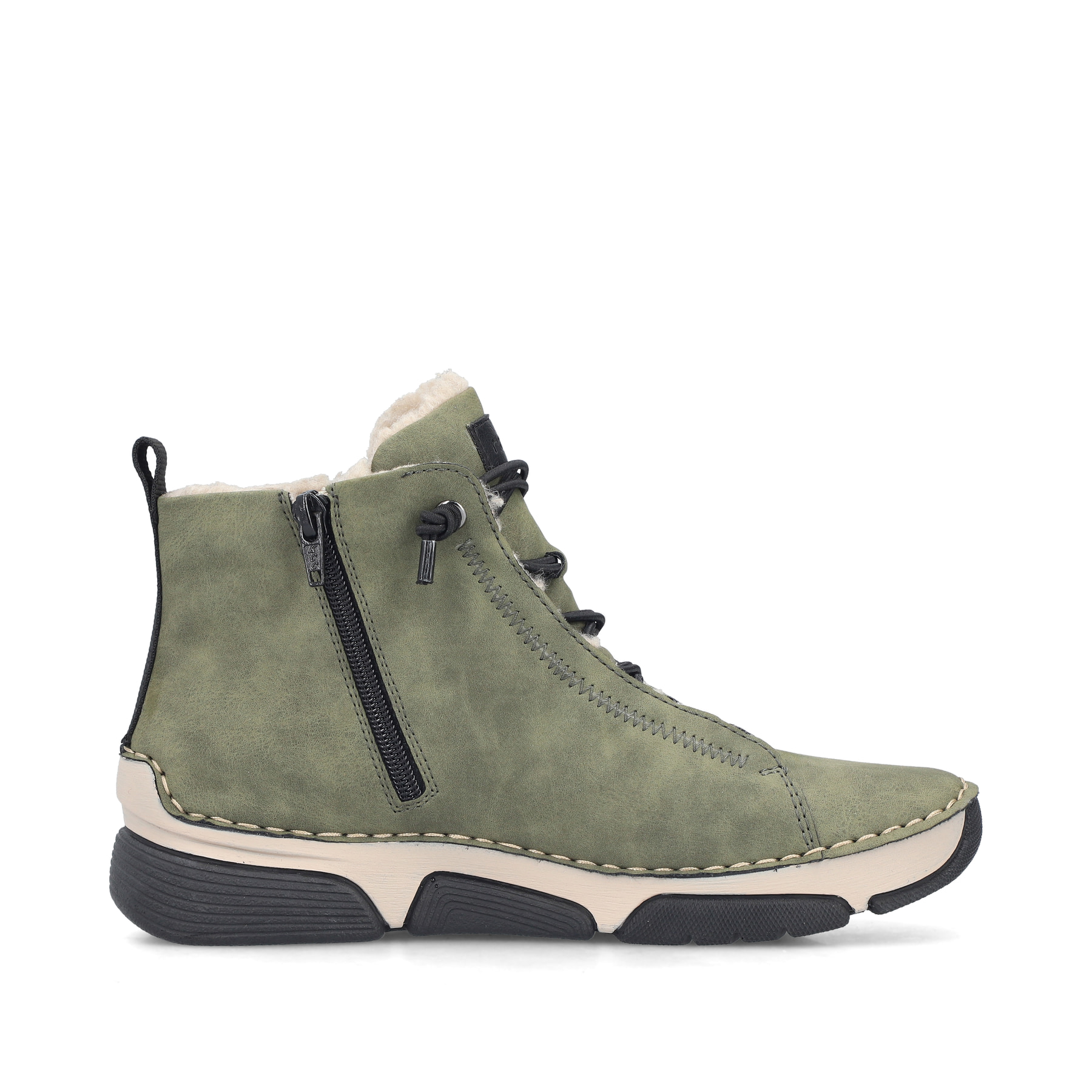 Khaki-schwarze Rieker Damen Schnürstiefel 45912-54 mit markanter Anflechter-Naht. Schuh Innenseite.