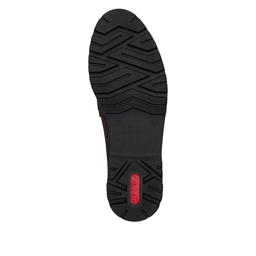 Dunkelbraune Rieker Damen Loafer 45553-25 mit Schmuckelementen sowie Gummizug. Schuh Laufsohle.