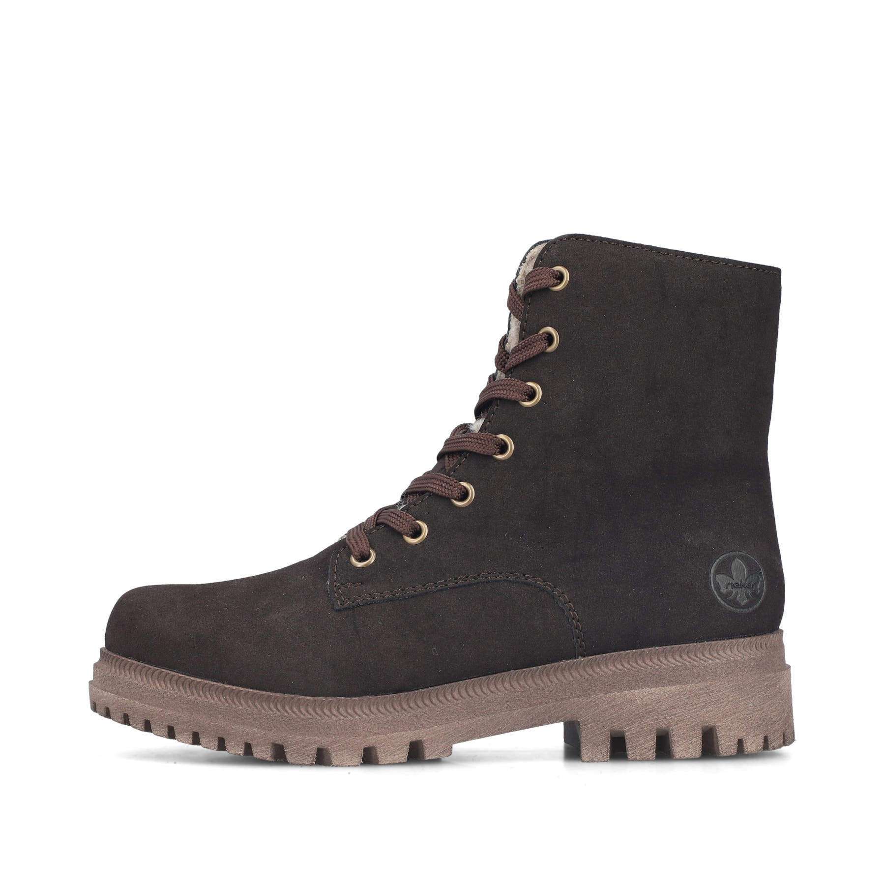 Dunkelbraune Rieker Damen Biker Boots Y7622-25 mit einem Reißverschluss. Schuh Außenseite.