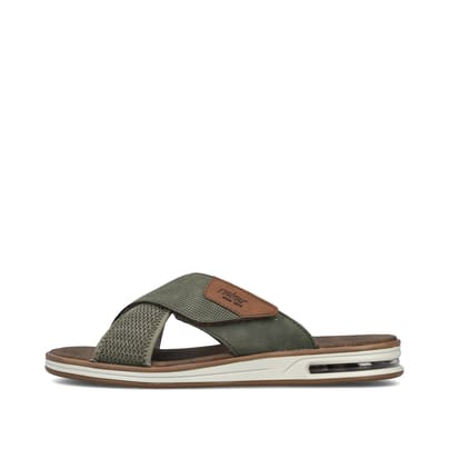 Grüne Rieker Herren Pantoletten 29083-52 mit Rieker Air Sohlenfenster. Schuh Außenseite.