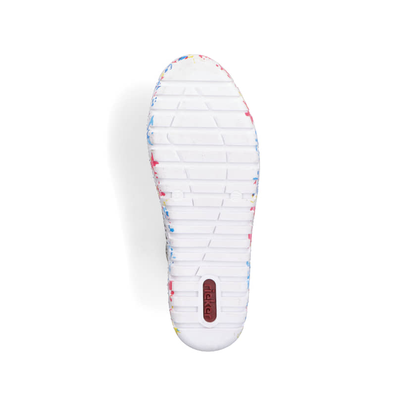 Weiße Rieker Damen Slipper M2357-80, Barfußschuhe mit einem Reißverschluss. Schuh Laufsohle.