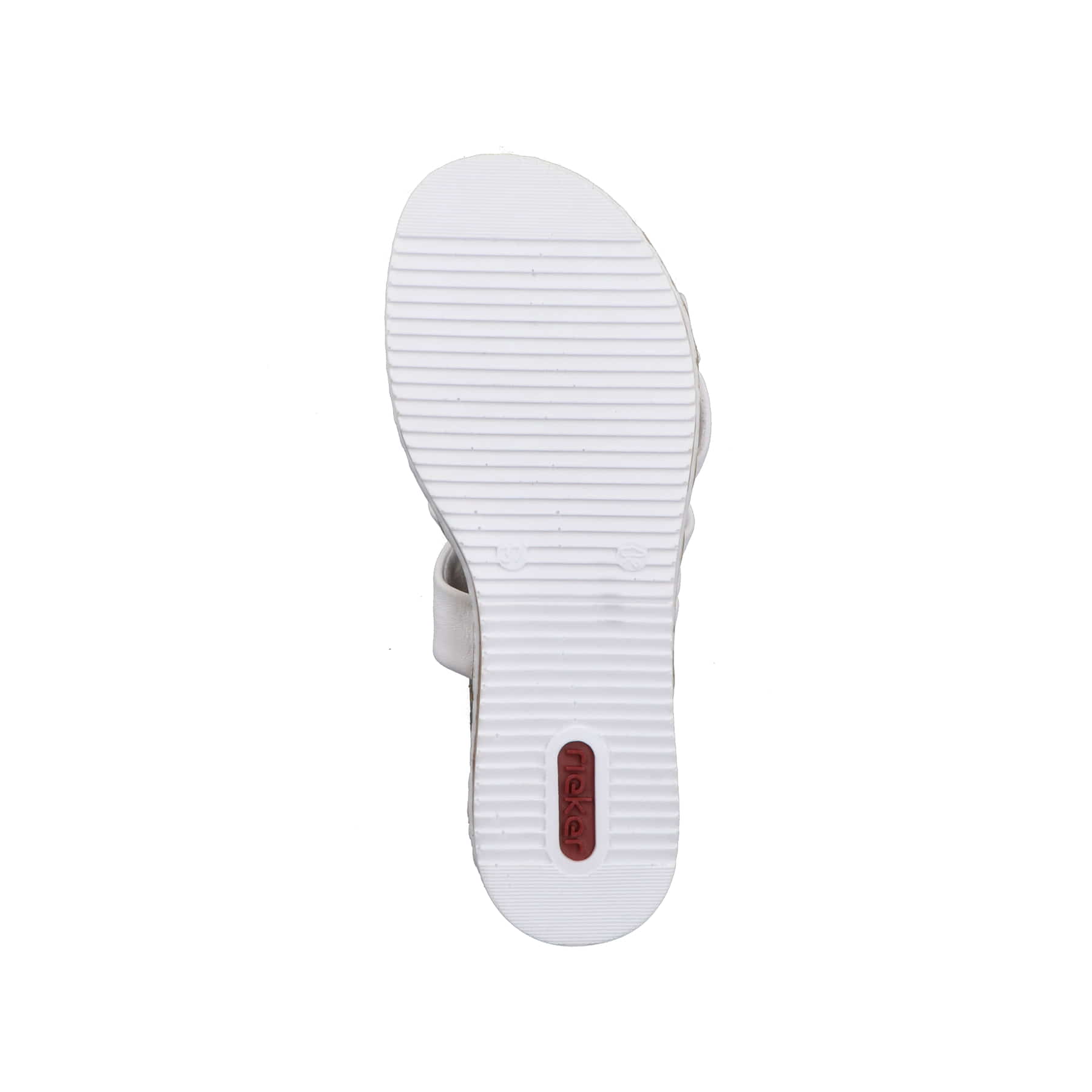 Weiße Rieker Damen Pantoletten V3608-80 mit einer schockabsorbierenden Sohle. Schuh Laufsohle.