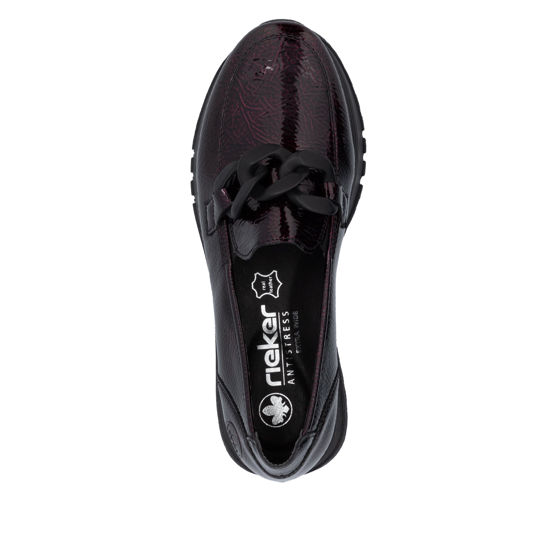 Mocassins Rieker rouges pour femme 49051-35 avec chaîne décorative. Semelle extérieure de la chaussure.
