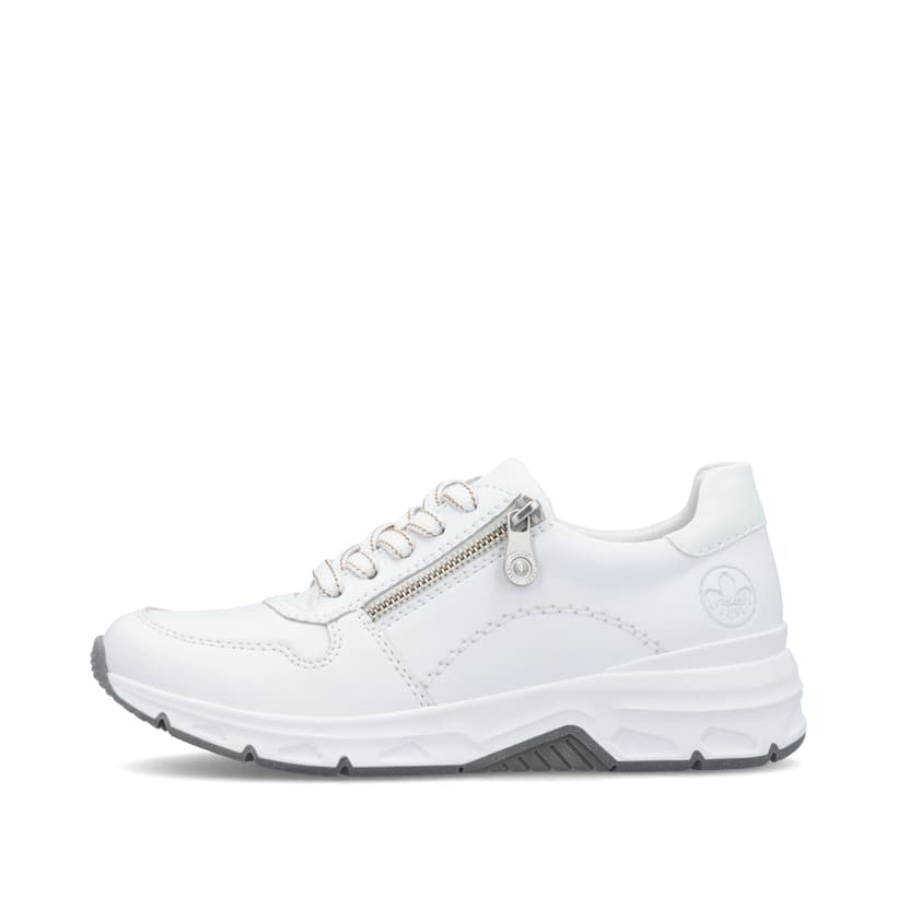 Weiße Rieker Damen Sneaker Low 48134-81 mit runden Ziernähten. Schuh Außenseite.