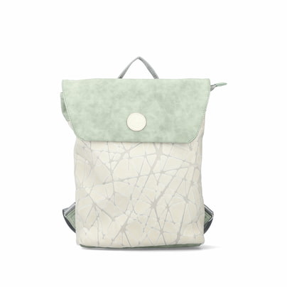Rieker Damen Rucksack H1386-40 in Silber-Mintgrün aus Kunstleder mit Reißverschluss. Rucksack getragen Knie.