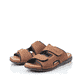 Braune Rieker Herren Pantoletten 25559-25 mit einem Klettverschluss. Schuhpaar seitlich schräg.
