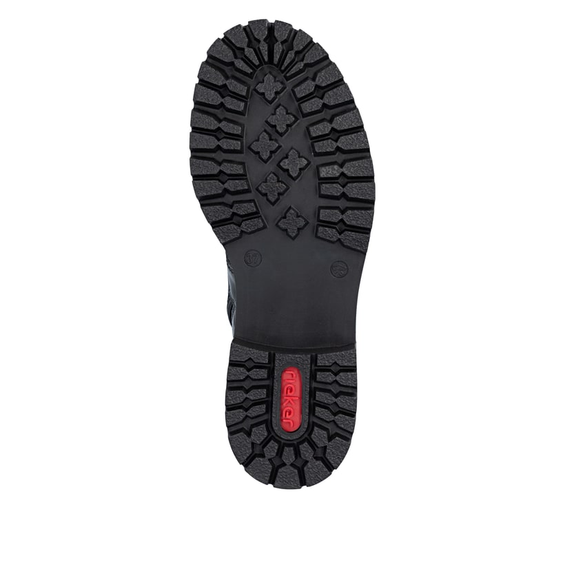 Biker Boots Rieker noires pour femmes 72631-01 avec fermeture éclair. Semelle extérieure de la chaussure.