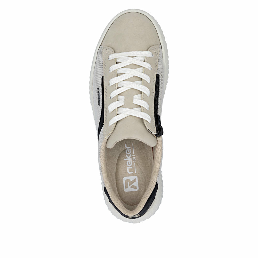 Beigeschwarze Rieker Damen Sneaker Low N9900-60 mit einem Reißverschluss. Schuh von oben.