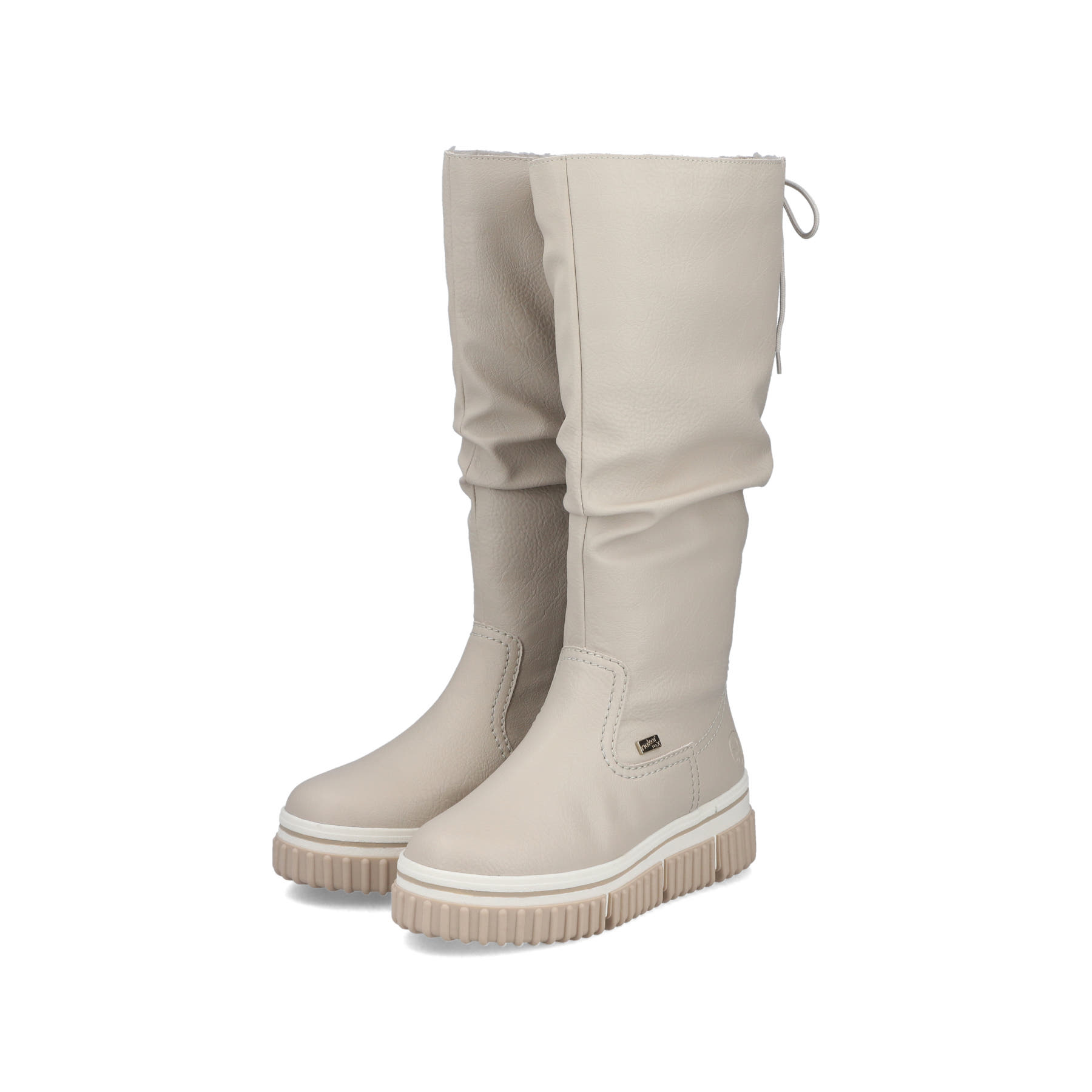 Cremefarbene Rieker Damen Hochschaftstiefel Y6370-60 mit gerafftem Schaft. Schuhpaar seitlich schräg.