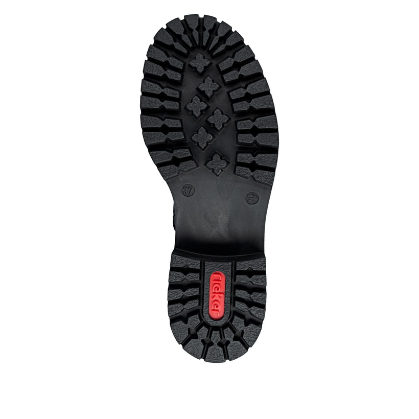 Schwarze Rieker Damen Hochschaftstiefel 72656-00 mit einem Reißverschluss. Schuh Laufsohle.