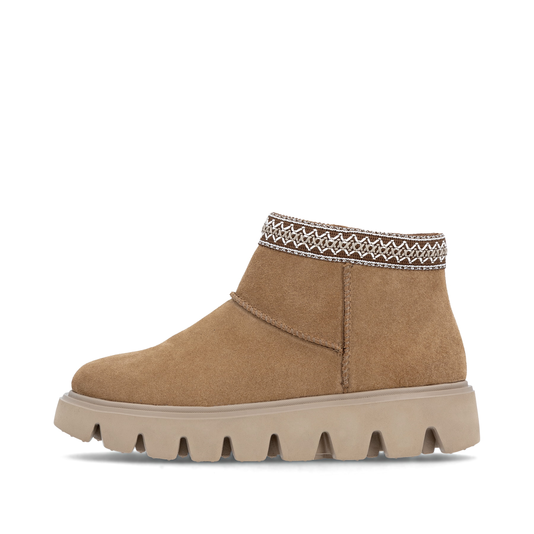Hellbraune Rieker Damen Kurzstiefel W2074-24 aus Rauleder mit Schaftkragen. Schuh Außenseite.